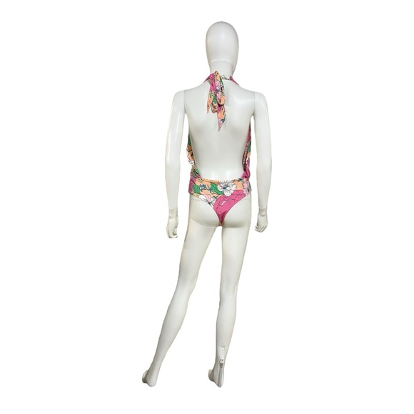 AFRM Spring Blush Bouquet Rosa Cross Halter Plunge Neck Bodysuit, M - Picture 5 of 10